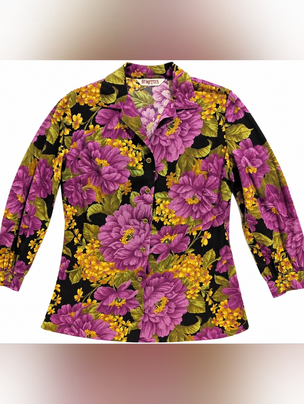 Vintage Floral Button-Front Long Sleeve Top in Purple & Yellow